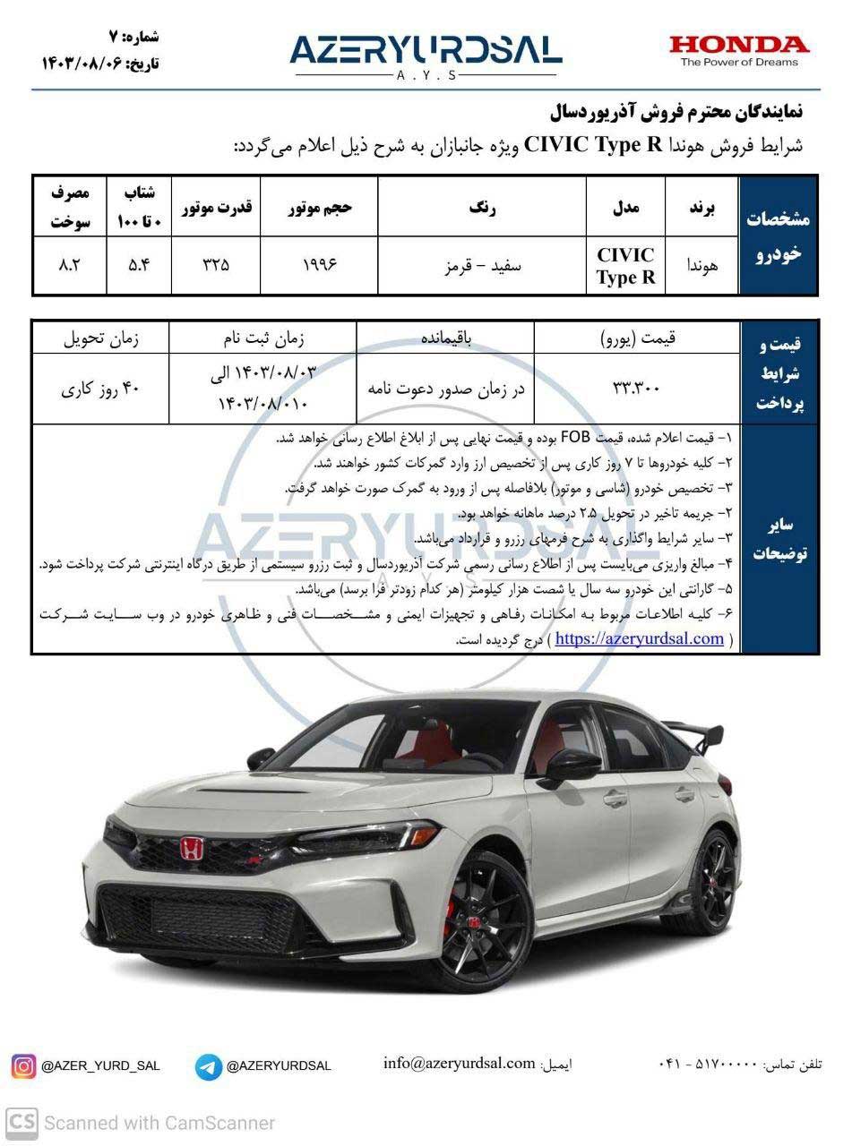 شرایط فروش هوندا سیویک Type R 